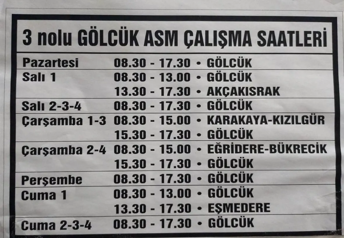 3 No'lu Gölcük ASM çalışma saatleri çizelgesi